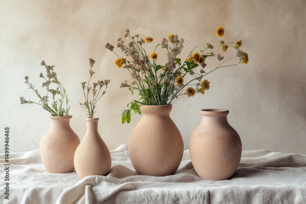Poster boho-style clay vases with a rustic finish, placed on a linen-covered table.