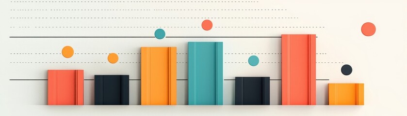A colorful 3D bar chart with dotted line graphics and data points, representing analytics or statistical data visualization.
