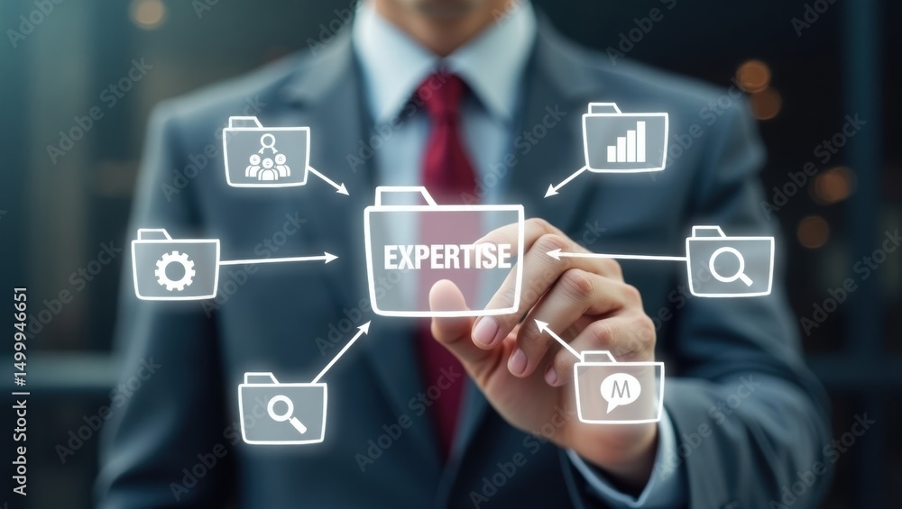 Poster a person interacts with a digital interface displaying expertise.