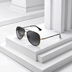 Black aviator sunglasses with gold accents displayed on a modern white geometric platform