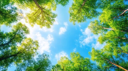 Upward View of Lush Green Canopy Under a Bright Sunny Sky