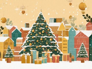 Festive Christmas illustration. Snow-covered city, decorated tree, presents. Ideal for greeting cards, websites, social media, and seasonal marketing. Perfect winter vibe.