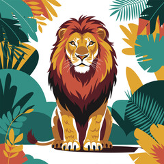 Stylized Jungle Lion Vector Illustration Sitting Among Tropical Leaves