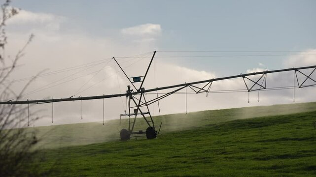 Agricultural pivot on a regenerative agriculture farm. Sustainable agriculture in Australia. Round pivot. Circular cropping. 
