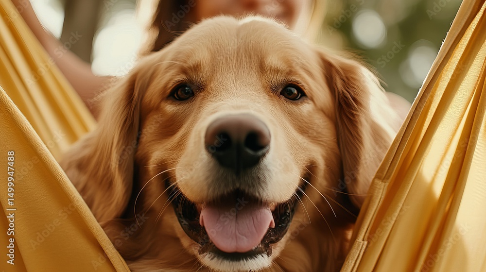 Poster golden retriever dog is relaxing in a yellow hammock with its tongue out and a person is visible beh
