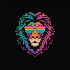 Colorful Pride Lion Head Vector with Rainbow Sunglasses and Mane on Black Background
