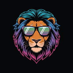 Cool Lion Head Vector with Retro Sunglasses and Colorful Mane on Black Background