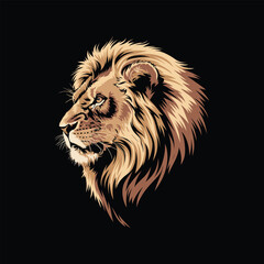 Realistic Side View Lion Head Vector Portrait in Vintage Style on Black Background