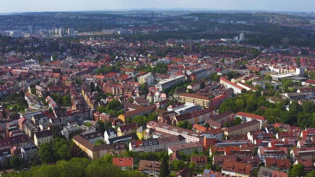 Aerial panoramic view around the city Stuttgart ost stadt  in Germany on a cloudy spring day