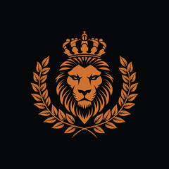 Obraz premium Royal Lion Head Emblem with Crown and Laurel Wreath on Black Background