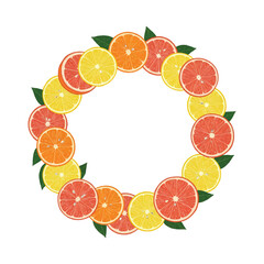illustration of round frame of lemon, orange, grapefruit slices and leaves on white color background