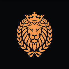 Elegant Crowned Lion Head Emblem with Laurel Wreath on Black Background