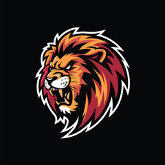 Roaring Lion Head Mascot Logo Vector with Fiery Mane on Dark Background