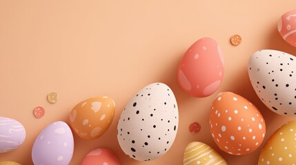 Obraz premium Pastel Easter eggs on peach background. Festive spring design, perfect for cards, websites, and social media. Ideal for Easter greetings and spring promotions.