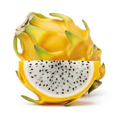 A vibrant yellow pitahaya, whole and sliced, showcasing white flesh with black seeds and yellow skin.