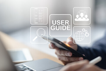 User guide digital interface on mobile phone with search, document, team, and global process icons. Concept of help center, onboarding system, and knowledge base