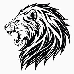 Stylized Roaring Lion Head Profile Black and White Vector Illustration