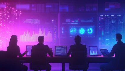 Silhouette of business team in front of glowing data wall