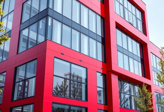 Sleek modern office building clad in red & gray aluminum composite panels, accented by glass wall detail, cityscape, architectural detail