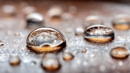 Macro Photography of Water Droplets Beading on Textured Surface with Natural Light Reflections