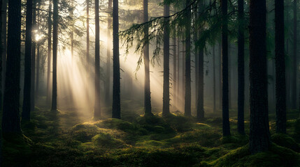 Naklejka premium Sunlight filtering through misty forest: enchanting woods scene