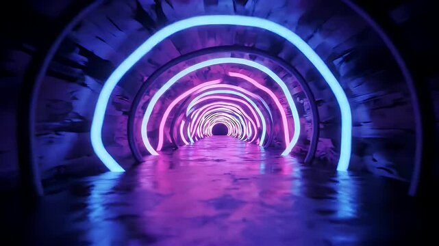 A 3D CGI animation of a glowing tunnel made of vibrant LED lights.