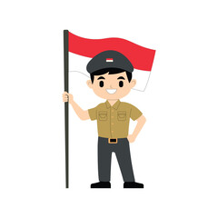 Cute Indonesian Boy in Uniform Holding National Flag