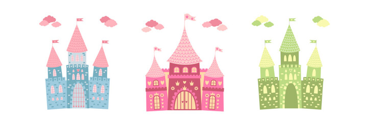 Vector collection of fantasy castles. Adorable cartoon-style palace towers and gate for children’s designs. © Kidzkamba