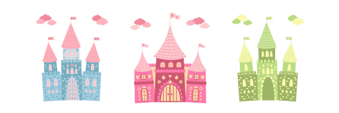 Vector collection of fantasy castles. Adorable cartoon-style palace towers and gate for children&rsquo;s designs.