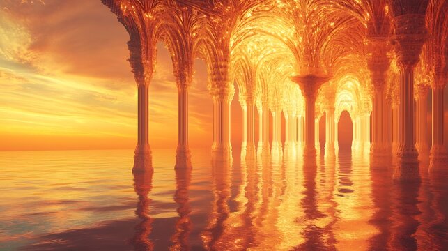 5d temple of light and energy with columns that dissolve into fractal patterns floating over an endless ocean The temples warm glow reflects on the water creating a surreal vista