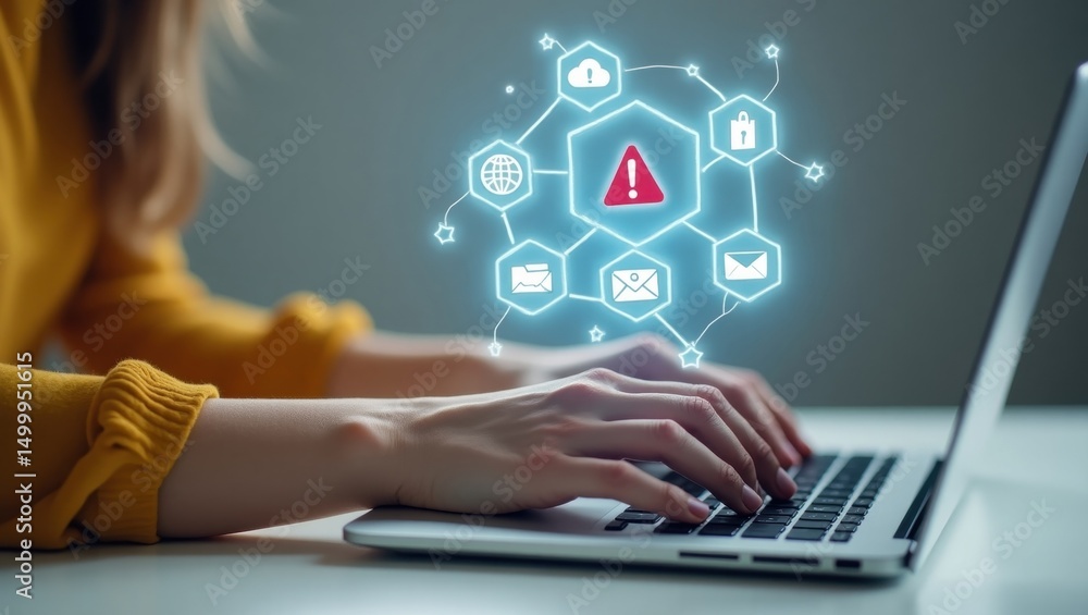 Poster hands typing on a laptop with a network error graphic.