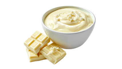 White chocolate sauce with pieces of white chocolate on the side, cut out