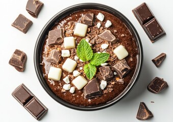 Chocolate mousse bowl topped with white chocolate pieces, chocolate shavings, and mint leaves