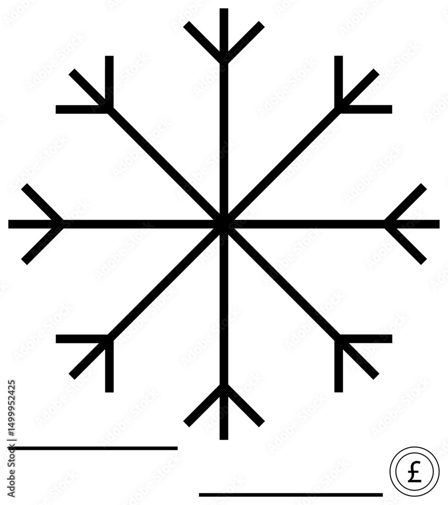 Poster black snowflake with symmetrical branches, horizontal lines, and a currency symbol at the bottom. id