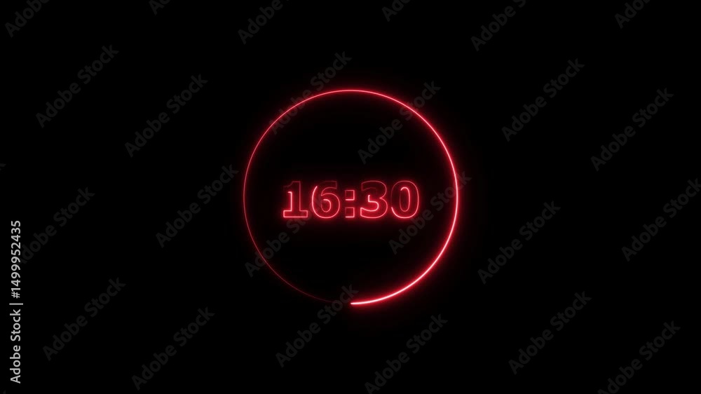 Poster digital countdown timer neon bright red color animation of 21 second on transparent on black backgro