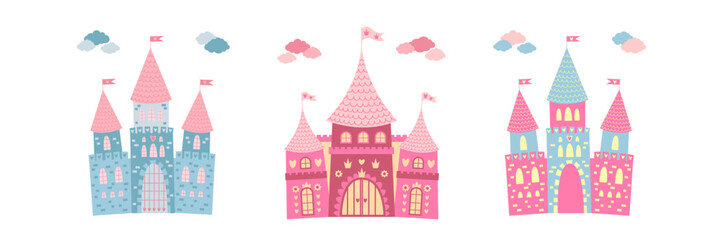 Set of fairy tale castle towers. Cute princess palace vector illustration on white background.