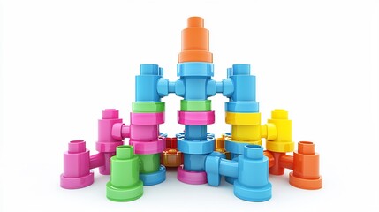 Isolated 3D render of set of plastic building blocks stacked randomly bright colors on seamless white background