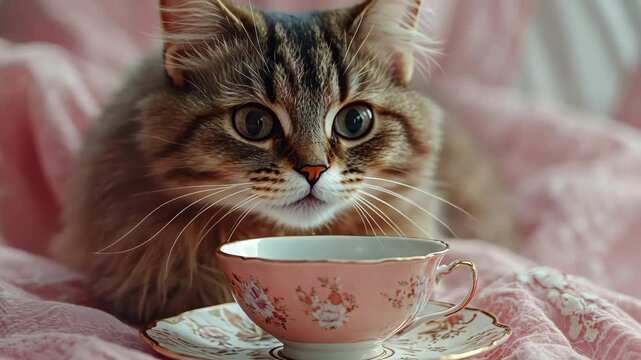 fluffy tabby kitten resting near an antique floral teacup on soft pink patterned blanket, portrait