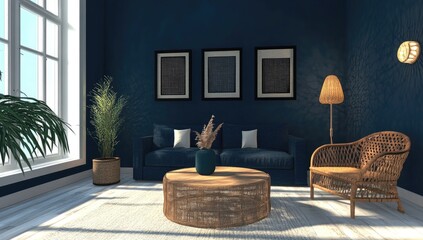 Cozy blue living room with natural elements