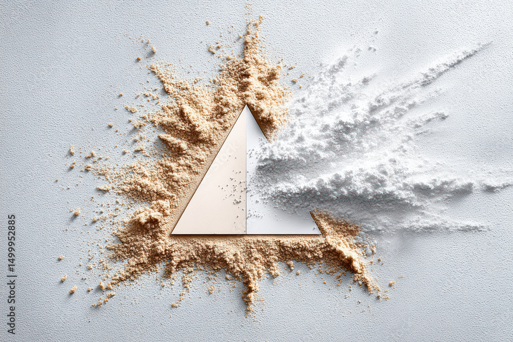 Poster contrasting colors of beige and white powders create an artistic triangular design on a clean, light