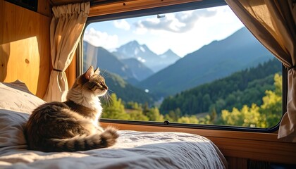 Cat van life mountain view.