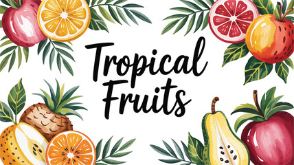 Watercolor illustration of assorted tropical fruits with handwritten tropical fruits text