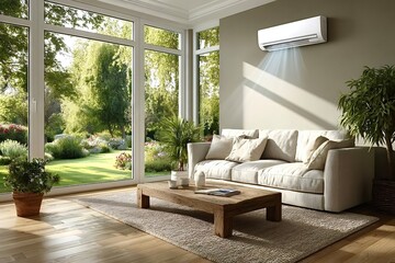 Fototapeta premium Air conditioner cooling modern living room with garden view