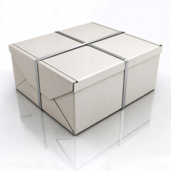 Beige box with silver straps isolated on white background reflecting its shadow on the surface