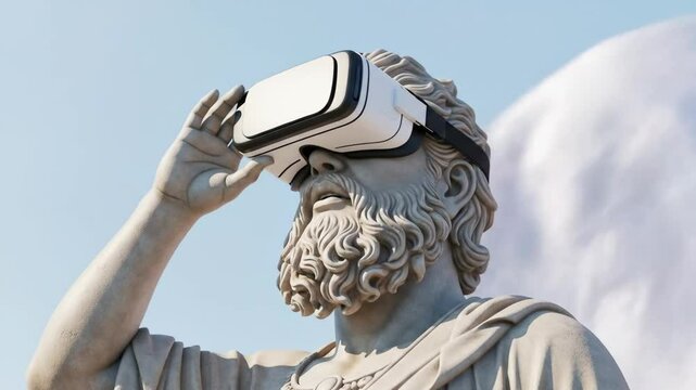 Ancient greek marble statue man wearing virtual reality headset. Historical antique sculpture meets modern futuristic technology innovation concept footage.