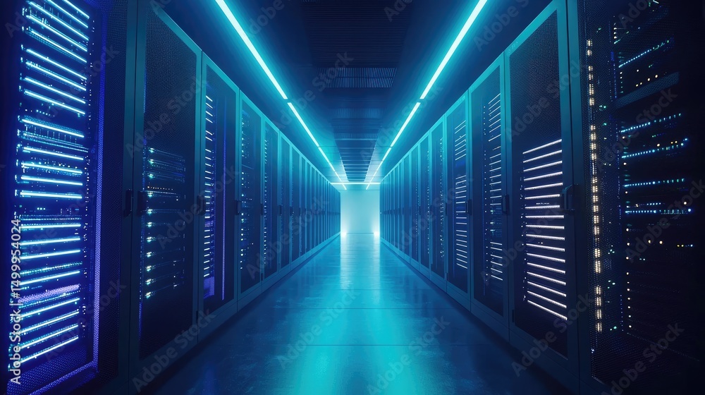 Aufkleber symmetrical data center hallway filled with illuminated server racks under vibrant cyan lighting, pe