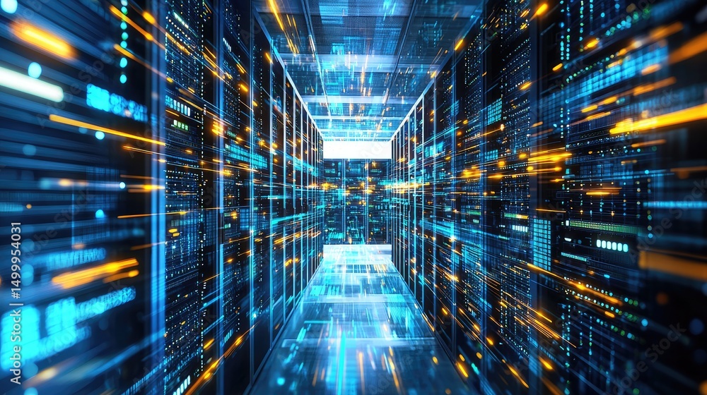 Poster Abstract high-speed data center corridor with glowing motion blur effects of data flow, ideal for tech innovations, digital transformation visuals, and cloud computing presentations