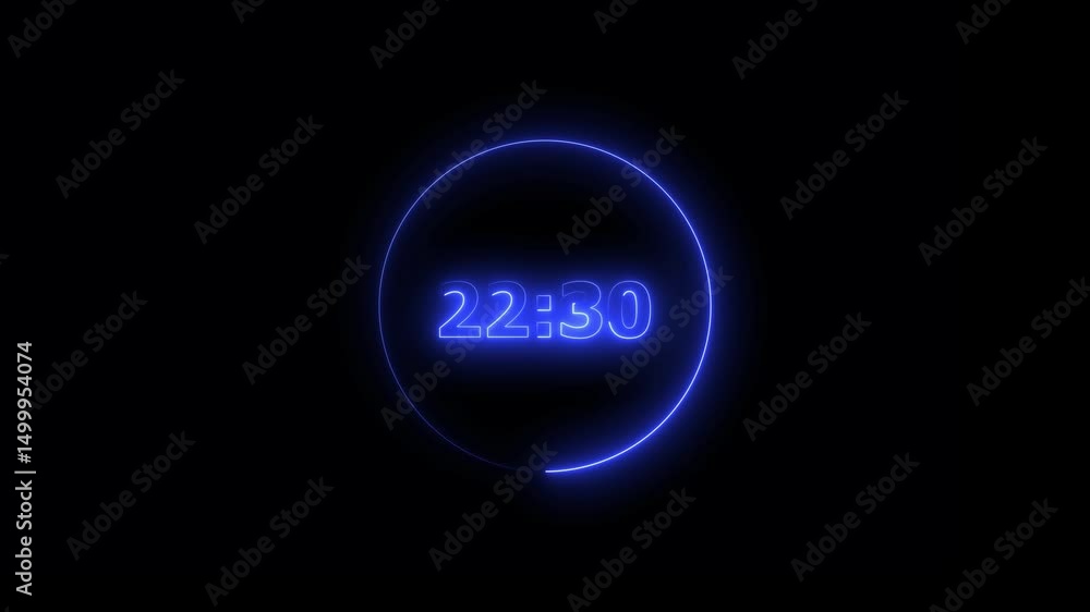 Poster digital countdown timer neon bright blue color animation of 27 second on transparent on black backgr