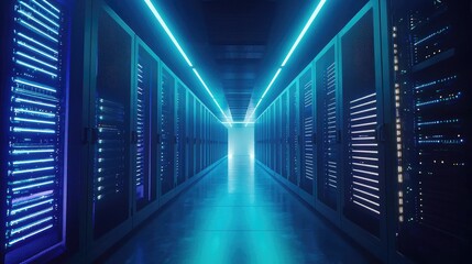 Fototapeta premium Symmetrical data center hallway filled with illuminated server racks under vibrant cyan lighting, perfect for cloud service banners, cybersecurity ads, and IT infrastructure visuals