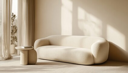 Beige living room with soft furnishings. Sunlight streams in through sheer curtains